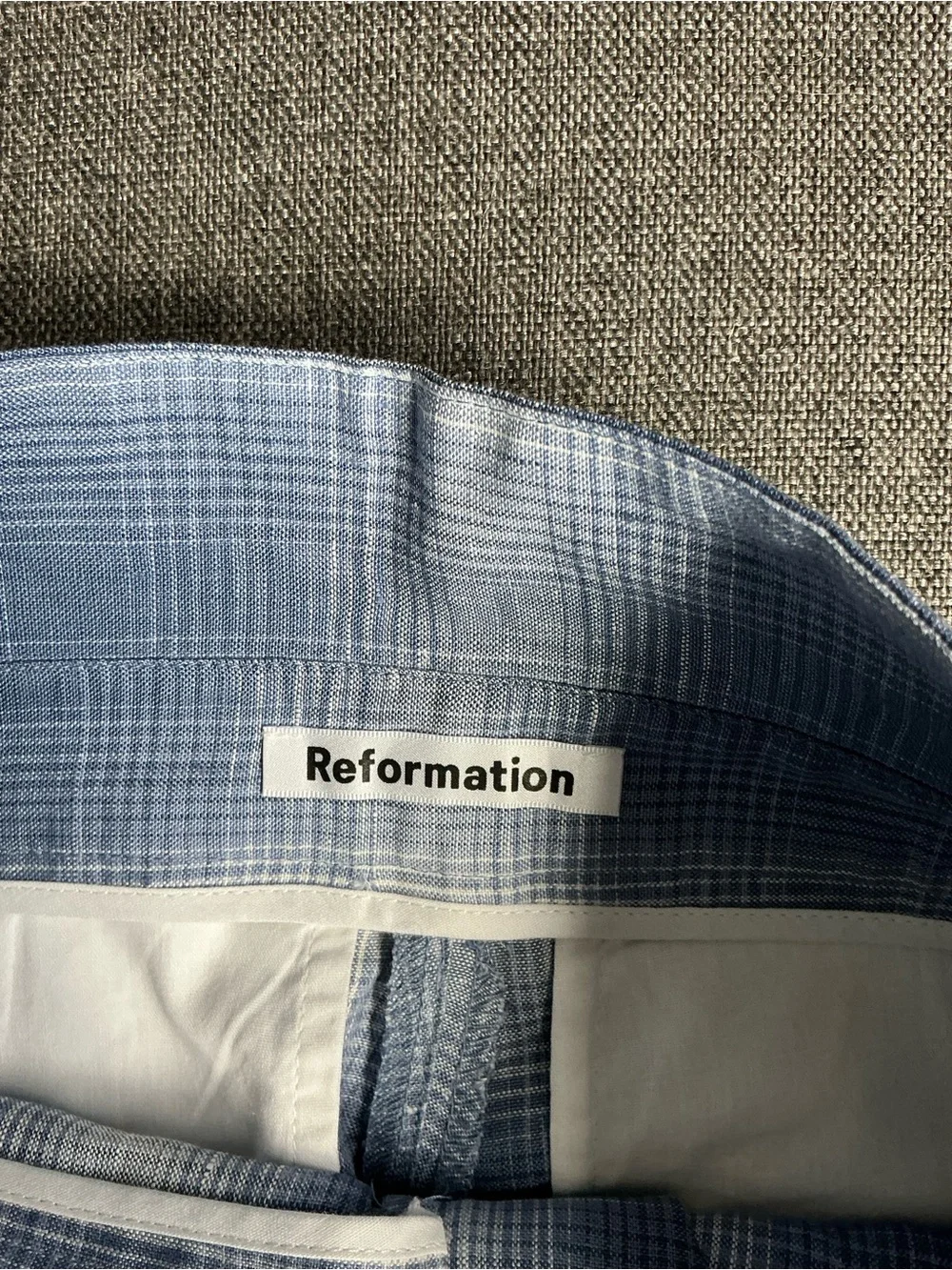 Reformation Blue Plaid High-Waist Paperbag Trousers 100% linen plaid resort wear